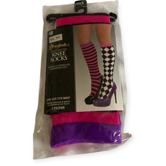 Other - Storybook Mad Hatter Knee High Socks Womens OSFM Pink Black Halloween Costume